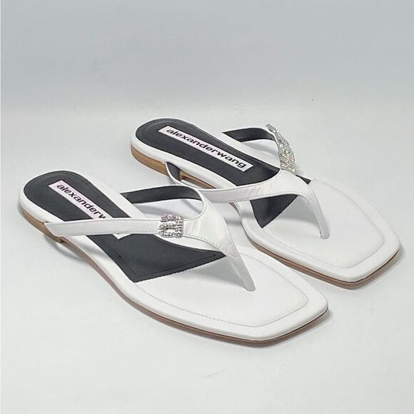 Alexander Wang Ivy Rhinestone Logo Leather Thong Sandals size 37.5 - Picture 8 of 12
